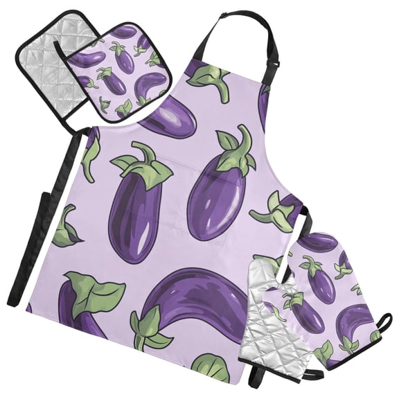 Fun Purple Eggplant Oven Mitts and Pot Holders with Chef Apron Set 5 Pcs Kitchen Cooking Set