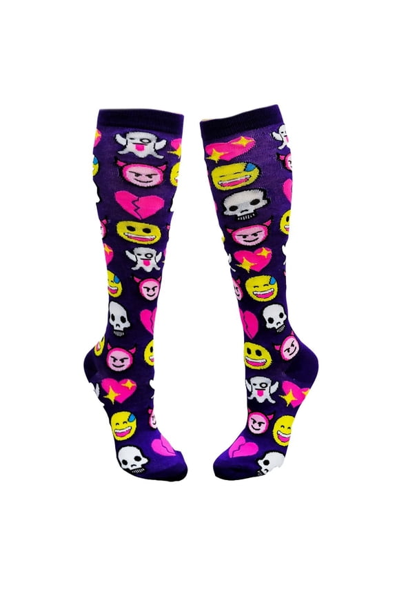 Fun Purple Emoji Pattern Socks from the Sock Panda (Knee High)