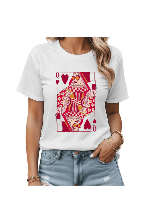 Fun Queen Of Hearts Drinking Graphic Tees Womans T shirt Black/White S-5XL Shirts Casual Party Tops