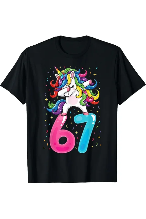 Fun Rainbow Dabbing Unicorn 67th B-Day Women Short Sleeve Graphic T-Shirt