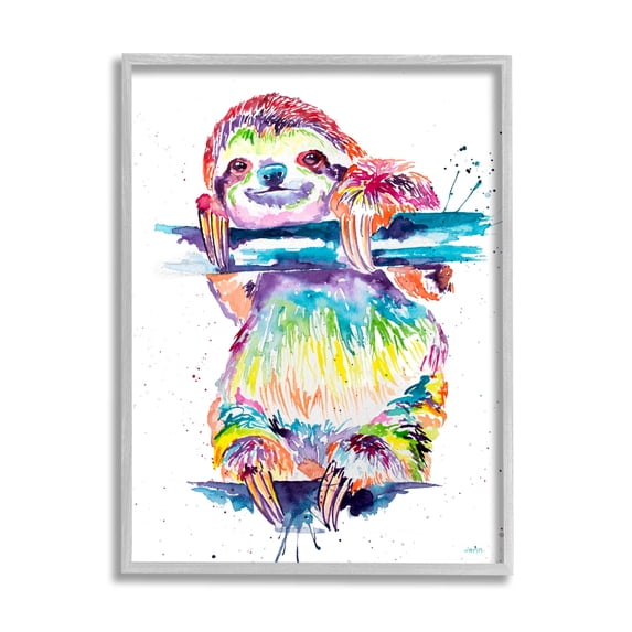 Fun Rainbow Sloth Wildlife Animals & Insects Graphic Art Gray Framed Art Print Wall Art