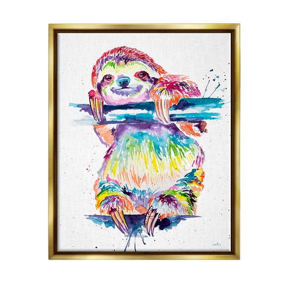 Fun Rainbow Sloth Wildlife Animals & Insects Graphic Art Metallic Gold Framed Art Print Wall Art
