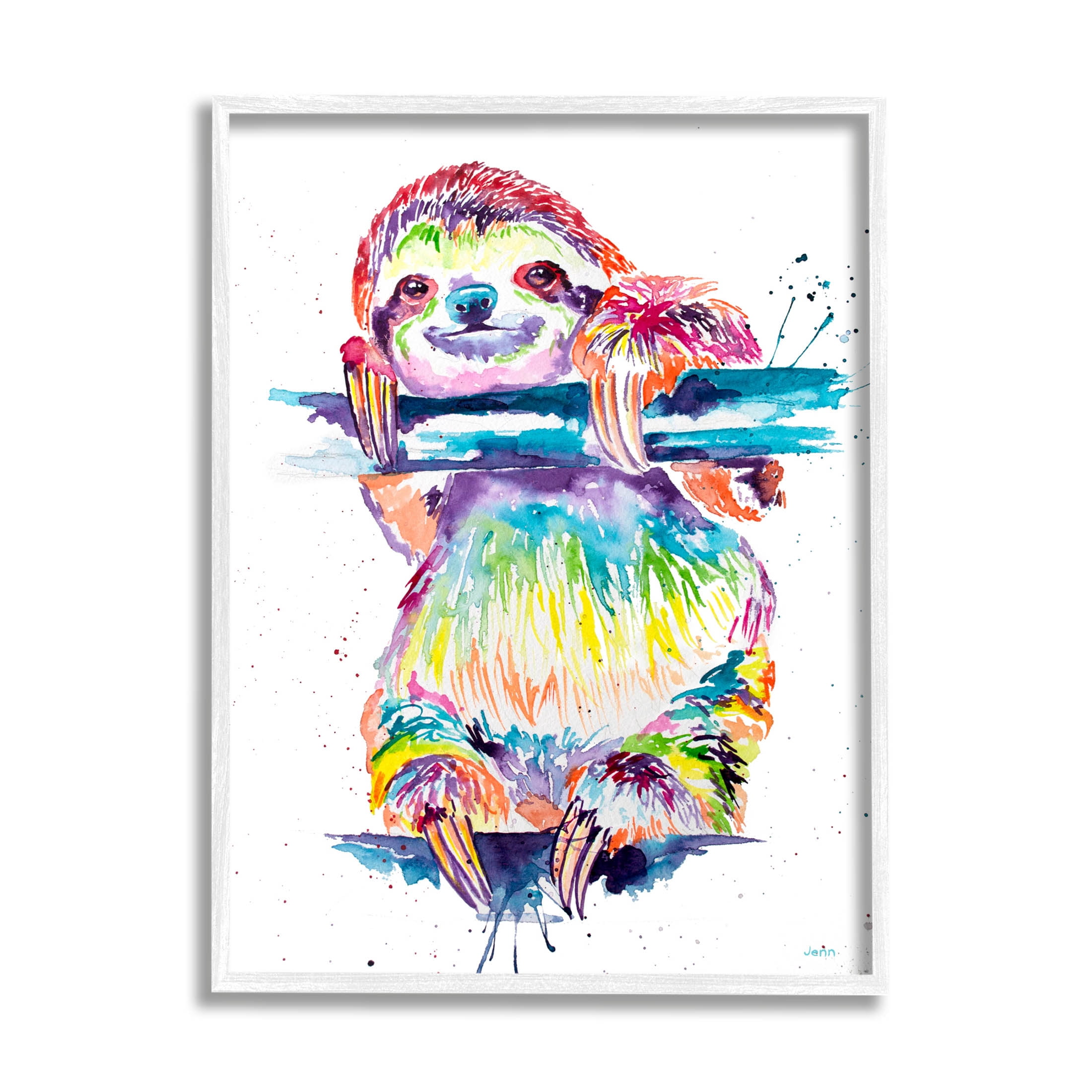 Fun Rainbow Sloth Wildlife Animals & Insects Graphic Art White Framed Art Print Wall Art