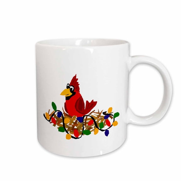 3drose, Fun Red Cardinal Bird in Nest with Christmas Lights, 11oz Mug