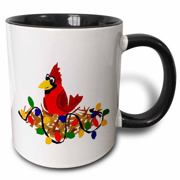 3drose, Fun Red Cardinal Bird in Nest with Christmas Lights, 11oz Two-tone Black Mug