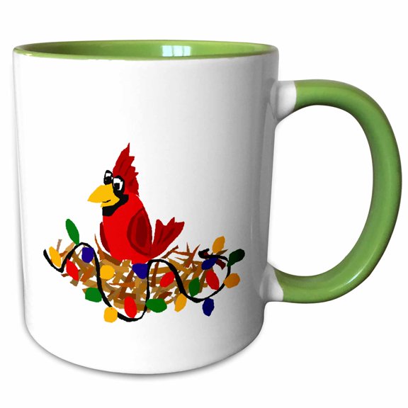 3drose, Fun Red Cardinal Bird in Nest with Christmas Lights, 11oz Two-tone Green Mug