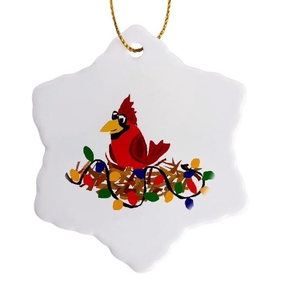 3drose, Fun Red Cardinal Bird in Nest with Christmas Lights, 3 inch Snowflake Porcelain Ornament