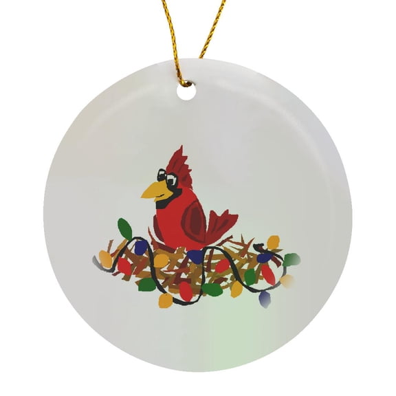 3drose, Fun Red Cardinal Bird in Nest with Christmas Lights, Circle Porcelain Ornament