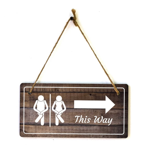 Fun Restroom Sign Arrow Right | Rustic Dark Wood 5 x 10" Hanging Sign