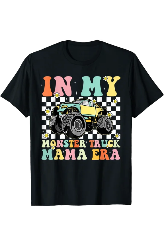 Fun Retro Monster Truck Mom Smiley Daisy Checkered T-Shirt Perfect for Everyday Style