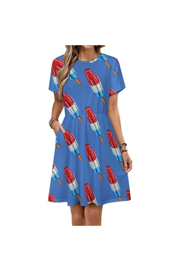 Fun Rocket Pop Popsicle Pattern Short Sleeve Dress Women Summer Evening Dresses Ladies Sundress