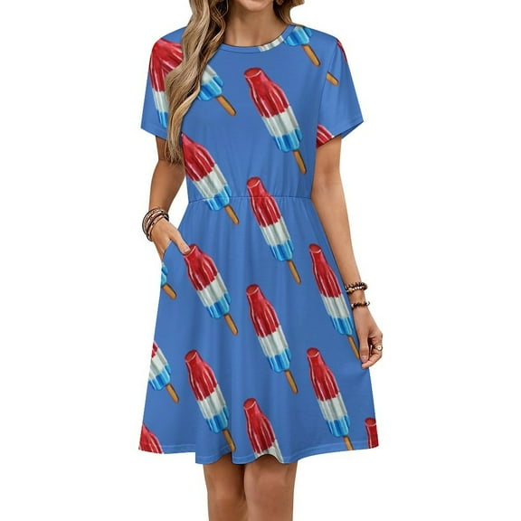 Fun Rocket Pop Popsicle Pattern Short Sleeve Dress Women Summer Evening Dresses Ladies Sundress