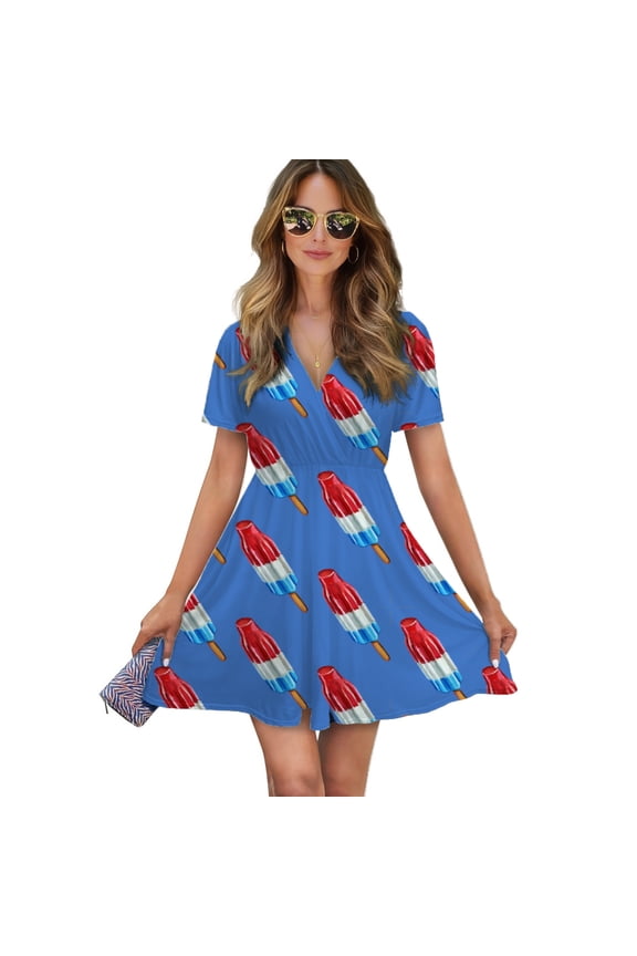 Fun Rocket Pop Popsicle Pattern Women Dress V-Neck Short Sleeve Flowy Swing Party Midi Dress