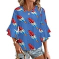 thumbnail image 1 of Fun Rocket Pop Popsicle Pattern Women's V-Neck Blouse With 3/4 Ruffled Bell Sleeves Casual Top Ladies Blouses, 1 of 7