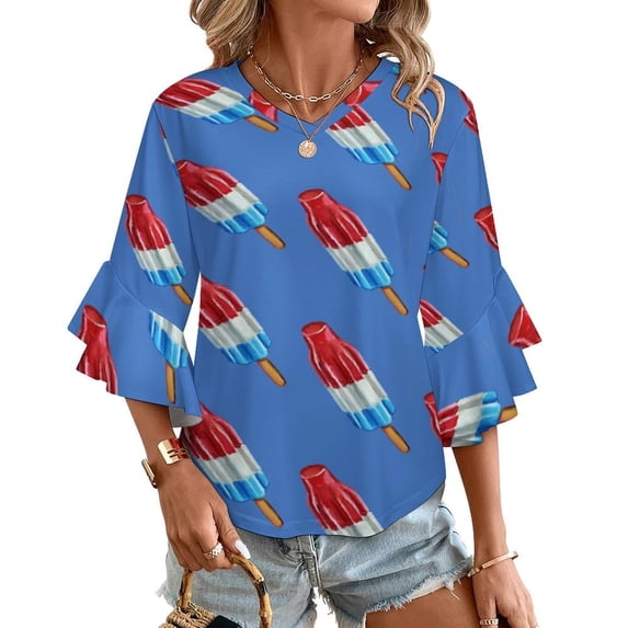Fun Rocket Pop Popsicle Pattern Women's V-Neck Blouse With 3/4 Ruffled Bell Sleeves Casual Top Ladies Blouses