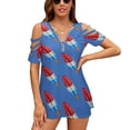 thumbnail image 1 of Fun Rocket Pop Popsicle Pattern Womens Summer V Neck Zipper Top Short Sleeve T Shirt Off Shoulder Top Casual Classy Loose Shirts, 1 of 7