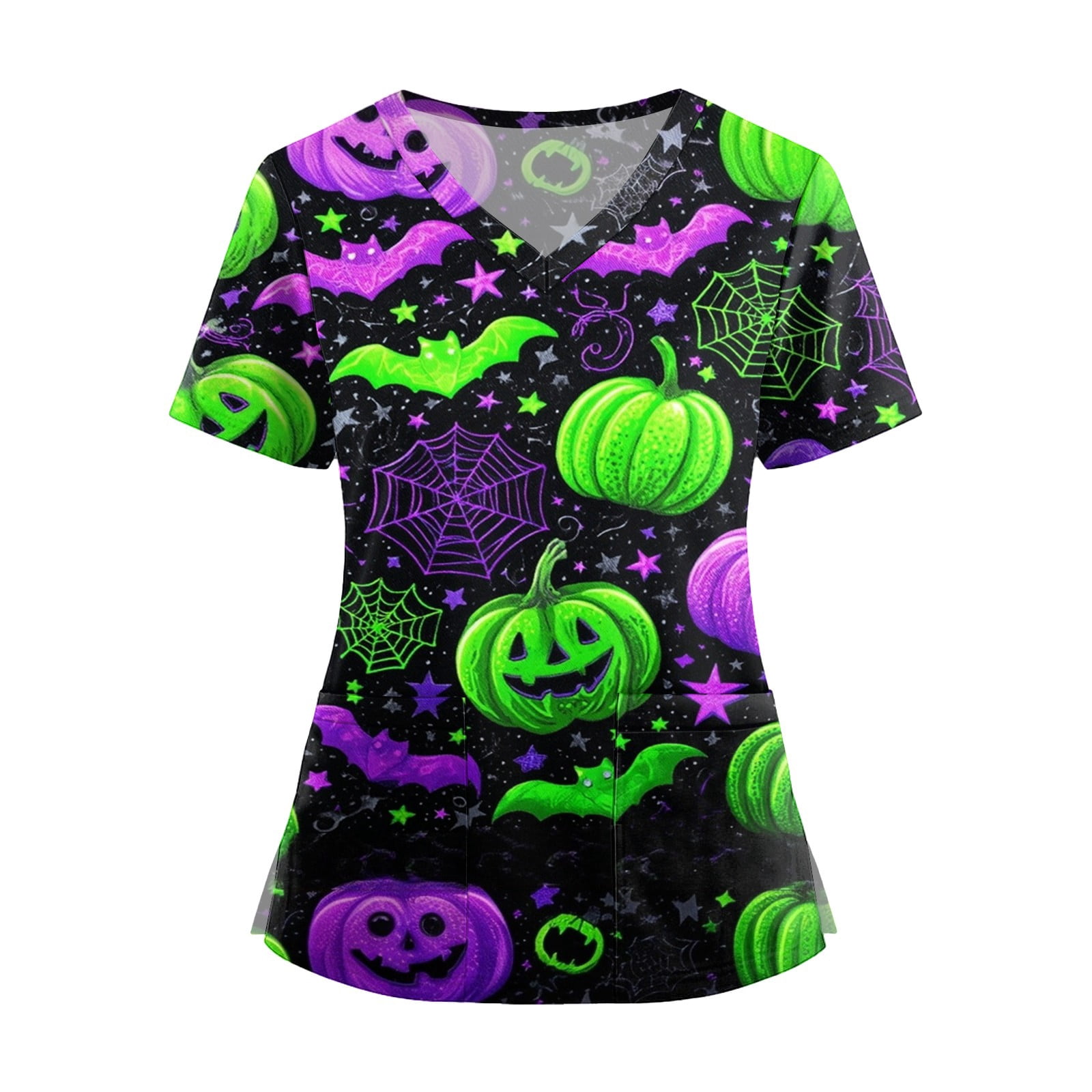 Fun Scrubs，Halloween Scrub Tops Plus Size Cute Pumpkin-Headed Bat ...
