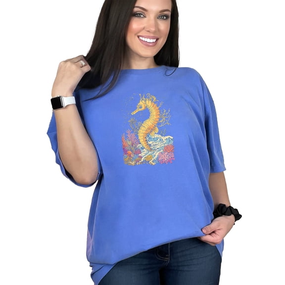 Fun Seahorse Design T-Shirt, Graphic Tee with Seahorse Art, Ocean Life Inspired Shirt, Unique Sea Creature T-Shirt, Underwater Scene, Flo Blue Comfort Colors T-Shirt, XL