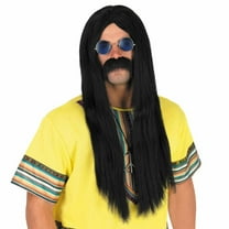 Fun Shack Mens 1970s Black Hippie Wig Glasses Moustache Hippy Costume Halloween Black One Size