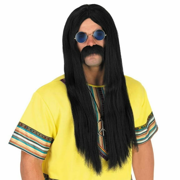 Fun Shack Mens 1970s Black Hippie Wig Glasses Moustache Hippy Costume Halloween Black One Size