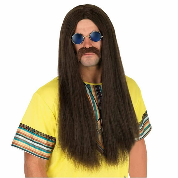 Fun Shack Mens 1970s Brown Long Hippie Wig Glasses Adult Hippy Costume Halloween Brown One Size