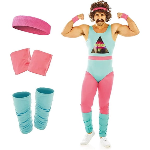 Fun Shack Mens 80s Fitness Instructor Costume Adult Retro Leotard Aerobics Halloween Blue L