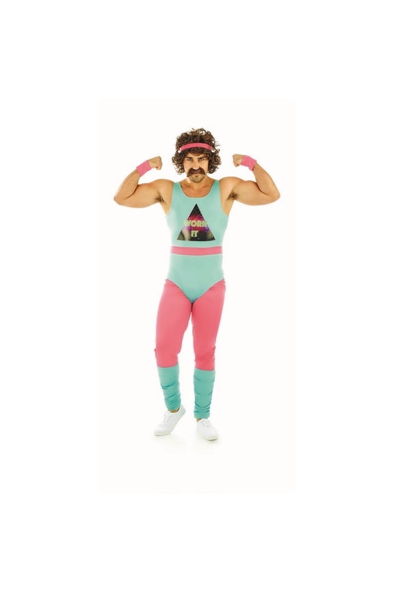 Mens 80s Fitness Instructor Costume Adult Retro Leotard Aerobics Halloween Blue XL