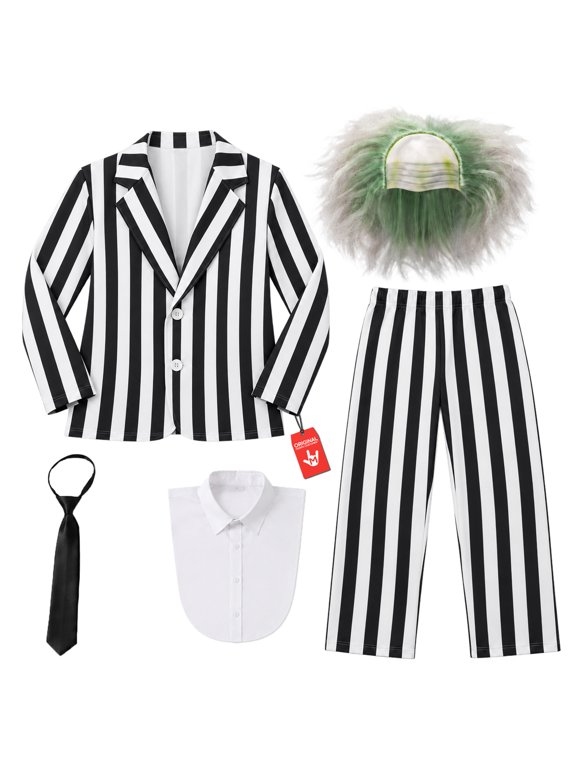 Mens Black And White Stripe Suit Green Wig Costume Adult Halloween Fancy Dress