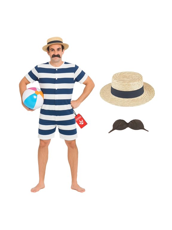 Mens Blue Victorian Bathing Suit Hat Tash Beach Hunk Costume Halloween Blue XL