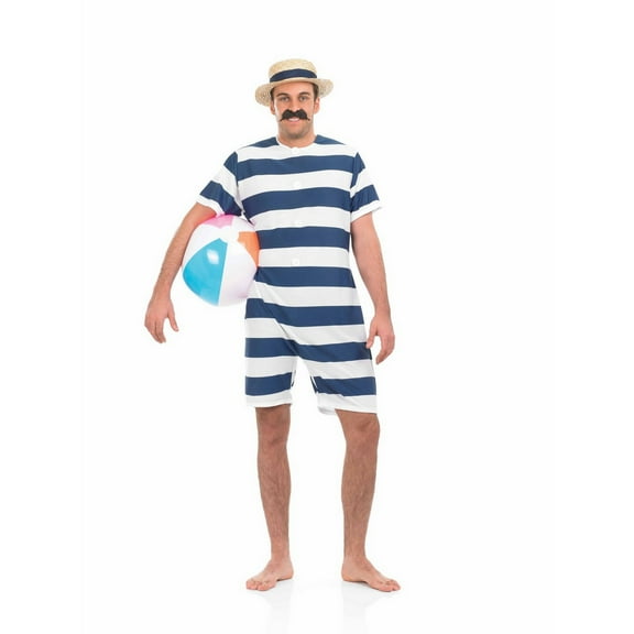 Fun Shack Mens Blue Victorian Bathing Suit Hat Tash Beach Hunk Fancy Dress Costume Halloween Blue M