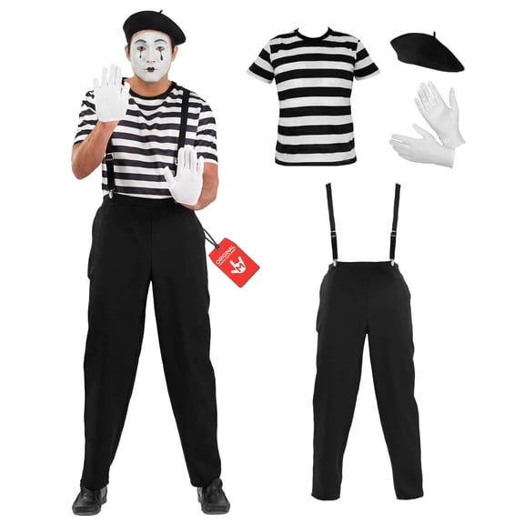 Fun Shack Mens Mime Artist Costume Braces Adult French Circus Carnival Fancy Dress Halloween Black M