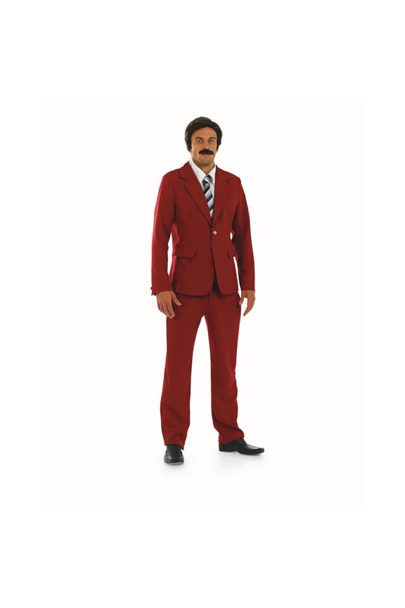 Mens Newsreader Costume Adult Burgundy Suit 70s TV Movie Fancy Dress Halloween Red XL