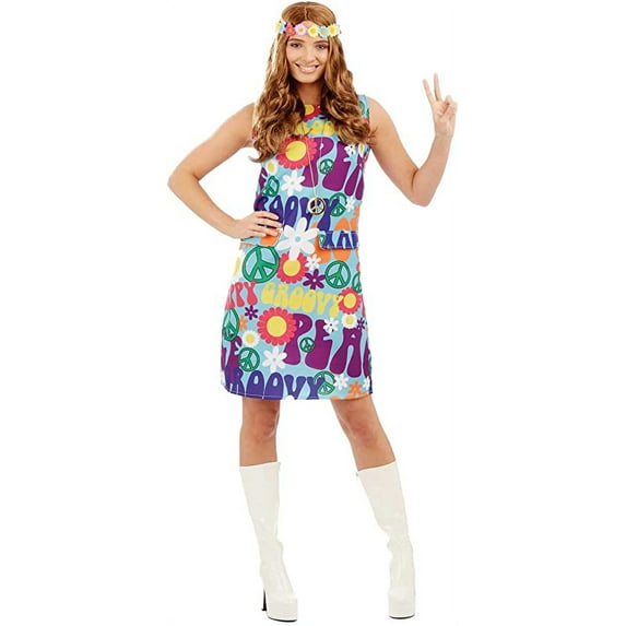Fun Shack Womens 1970s Hippie Costume Ladies Groovy Chick 60s Hippy Fancy Dress Halloween Blue S