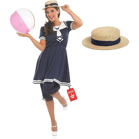 Fun Shack Womens Blue Victorian Bathing Costume Ladies 1920s Swimsuit Fancy Dress Halloween Blue XL