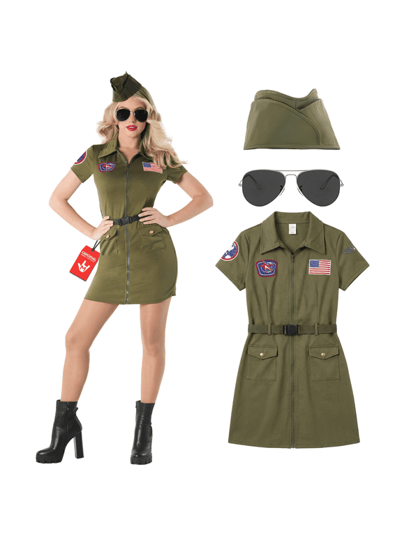 Womens Pilot Aviator Costume Ladies 80s Army RAF Fancy Dress Halloween Green L