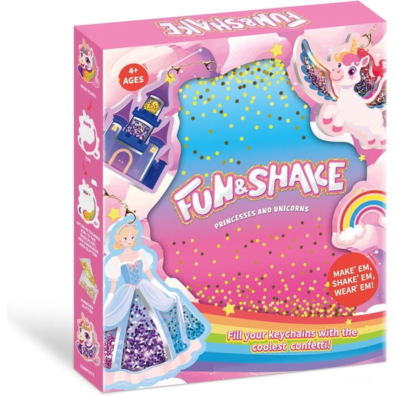 Fun & Shake Glitter Keychain Craft Kit for Kids, Unicorn and Princess DIY Art Set, Creative Gift for Girls Ages 4-9