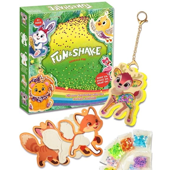 Fun Shake-Its-Diy Animal Arts & Crafts with Keychains for Kids Age 4-9 Year Old Craft Glitter Kit Travel Toys for Boys and Girls(Animals)