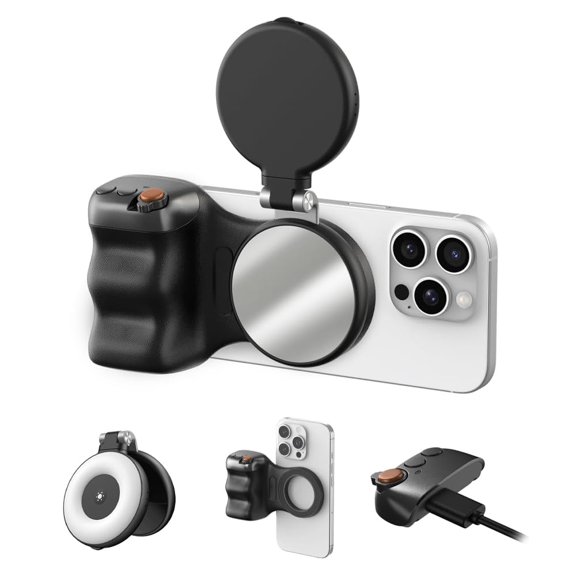 Fun Shot Magnetic Grip&Magnetic Selfie Light Plus 2026, Creator Kit with Wireless Shutter, 360° Adjustable LED Light, Magnetic Mount Compatible with iPhone Magsafe & Android Smartphones(Black)