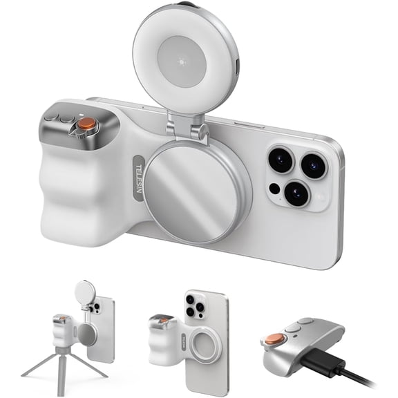 Fun Shot Magnetic Phone Camera Grip + C03 Selfie Light (Silver) Bundle Kit Compatible with iPhone Magsafe & Android, Creator for Selfies/Photography/TikTok/Zoom Calls/Video