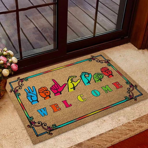Fun Sign Language Gesture Floor Mat, Welcome Doormat for Entryway, Non-Slip Polyester Door Mat for Indoor Use