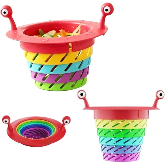 Fun Snail Eye Adjustable Rainbow Sink Strainer for Kitchen Sink, Retractable and Foldable to Prevent Clogs Colorful and Cute Plastic Food Scrap Collector Sink Drain Basket