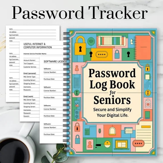 Fun Spiral Password Log Book for Seniors 180-Degree Flat Opening Thick Bleed-Proof Paper Lined Blank Pages Durable Cover Portable Privacy Notebook