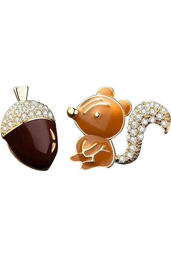 Fun Squirrel and Pine Cone Stud Earrings Asymmetrical Crystal Nut Squirrel Animal Ear Stud Earrings for Women