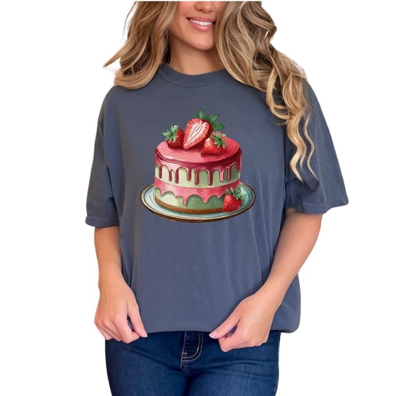 Fun Strawberry Cake T-Shirt, Birthday Party Graphic Tee, Colorful Cake Lover Shirt, Cute Dessert Illustration T-Shirt, Sweet Treat Tee, Denim Comfort Colors T-Shirt, 2XL