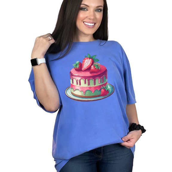 Fun Strawberry Cake T-Shirt, Birthday Party Graphic Tee, Colorful Cake Lover Shirt, Cute Dessert Illustration T-Shirt, Sweet Treat Tee, Flo Blue Comfort Colors T-Shirt, 3XL
