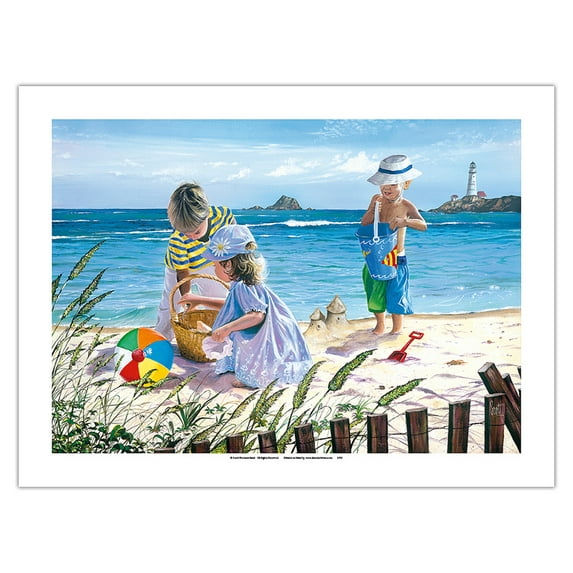 Fun in the Sun - Children Playing at the Beach - From an Original Color Painting by Scott Westmoreland - Bamboo Fine Art 290gsm Paper Print (Unframed) 24x32in