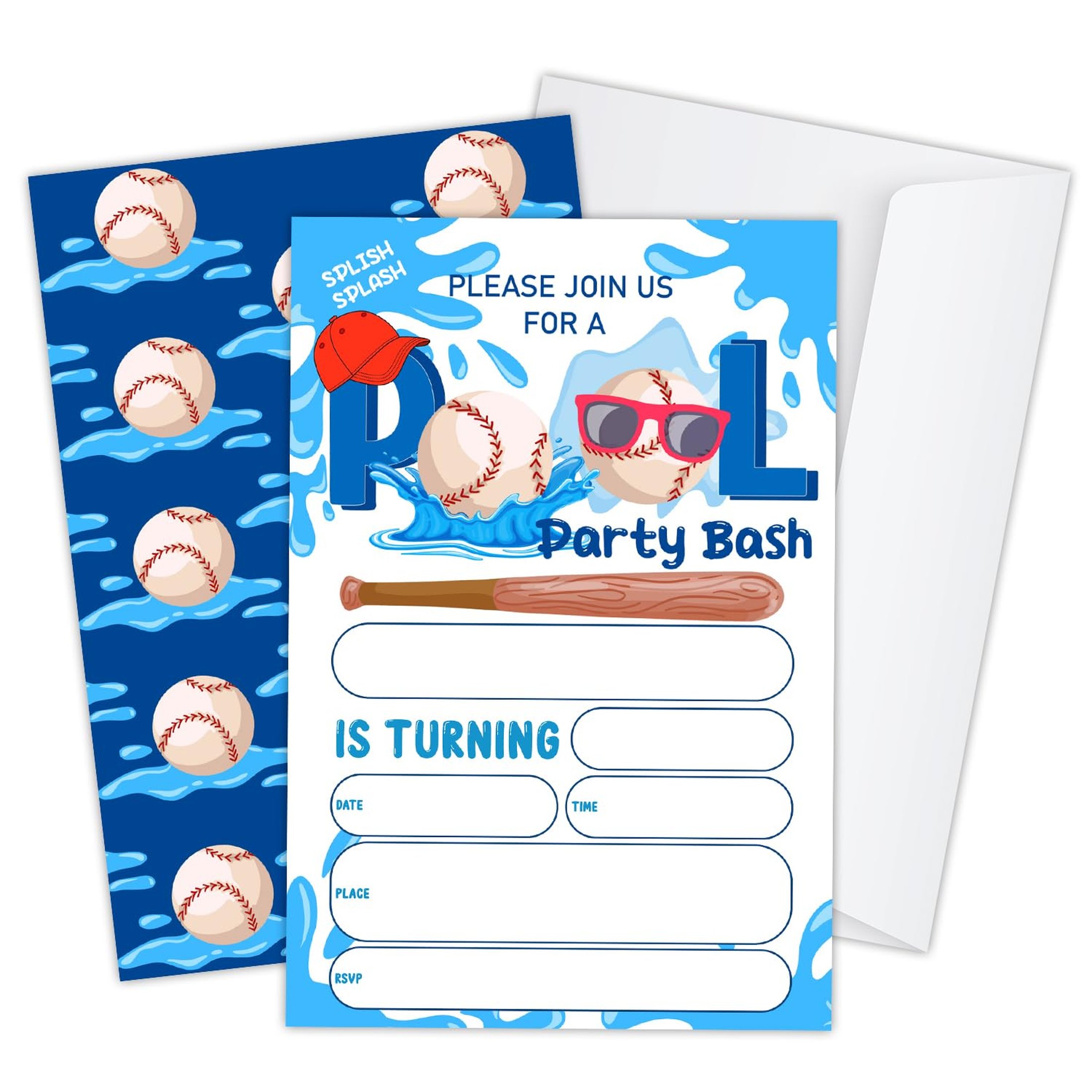 Pool Part Card Fun in the Sun Pool Party Invitations for Kids - Baseball Theme ...