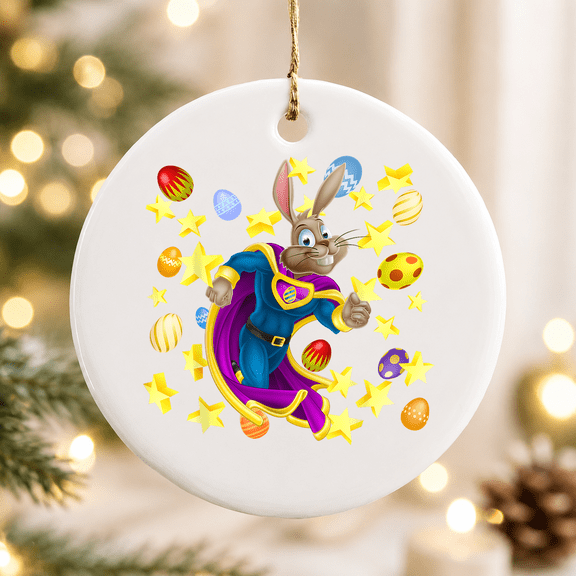 Fun Super Hero Easter Bunny Cartoon Superhero Easter Eggs Christmas Ornament, Holiday Keepsake Gift, Ceramic Ornament