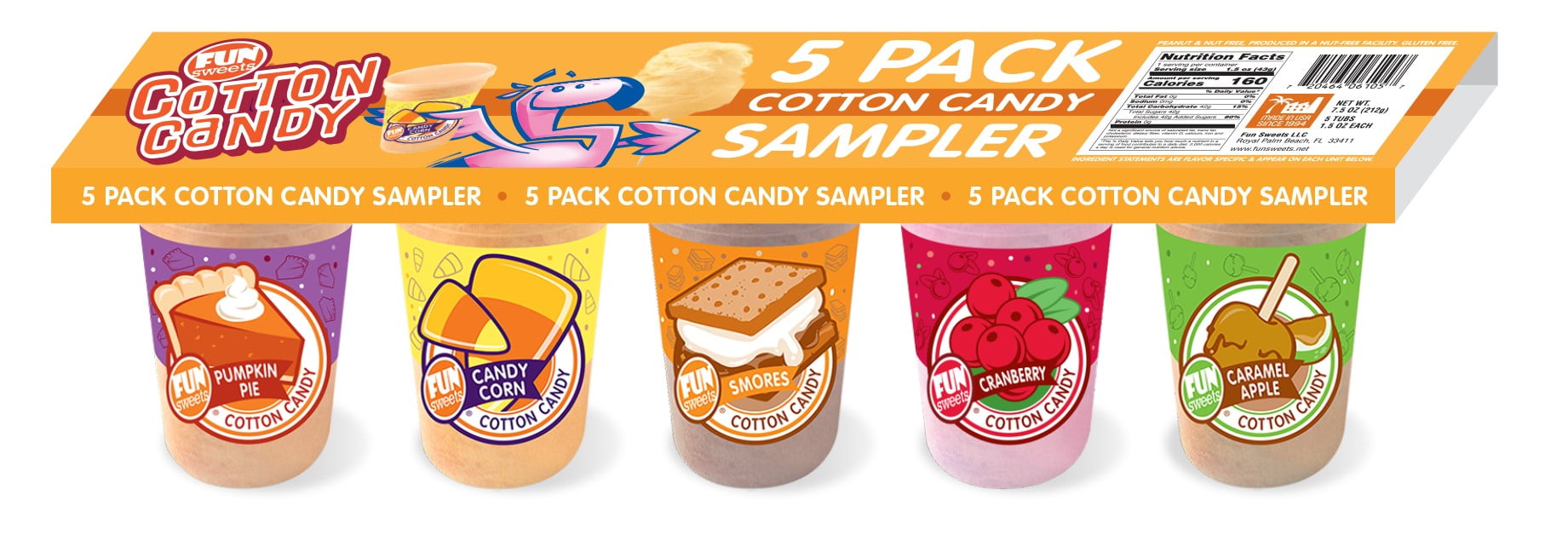 Fun Sweets brand 5 Pack Fall Cotton Candy Sampler. Gluten Free and