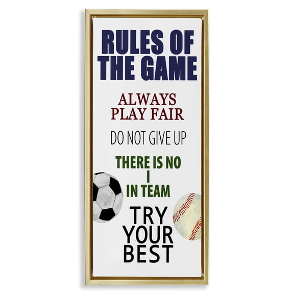 Fun Teamwork Rules of Game Gold Framed Floater Canvas Wall Art, design by Kim Allen